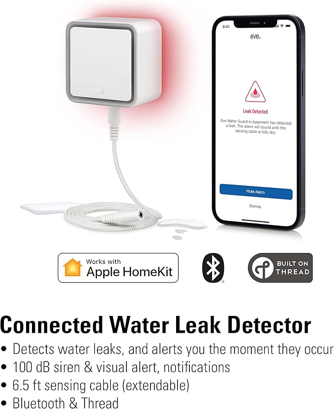 Eve Water Guard - Smart Home Water Leak Detector, 6.5 ft Sensing Cable, 100 dB Siren, (Apple HomeKit), App Notifications, Bluetooth, Thread