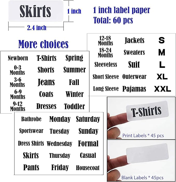 16 Pack White Clothing Rack Size Dividers Plus 45 Labels (1 Inch) and 18 Large Blank Labels, Large Rectangular Clothing Closet Dividers (Blue)
