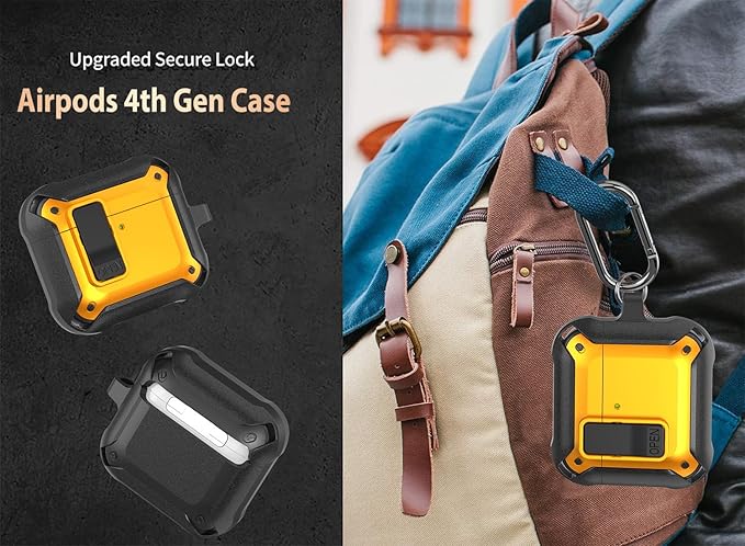 for Airpods 4 Case with Lock Clip, Rugged Apple Airpods 4th Generation Cover 2024 Men Women, Armor Shockproof iPod 4 Gen Protective Hard Shell with Carabiner&Cleaner kit,Black/Yellow