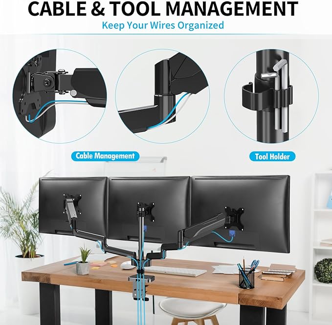 MOUNTUP Triple Monitor Stand Mount - 3 Monitors Desk Mount for Computer Screens Up to 27 inch, Triple Monitor Arm with Gas Spring, Heavy Duty Monitors Stand, Each Arm Holds 4.4-19.8 lbs, Black