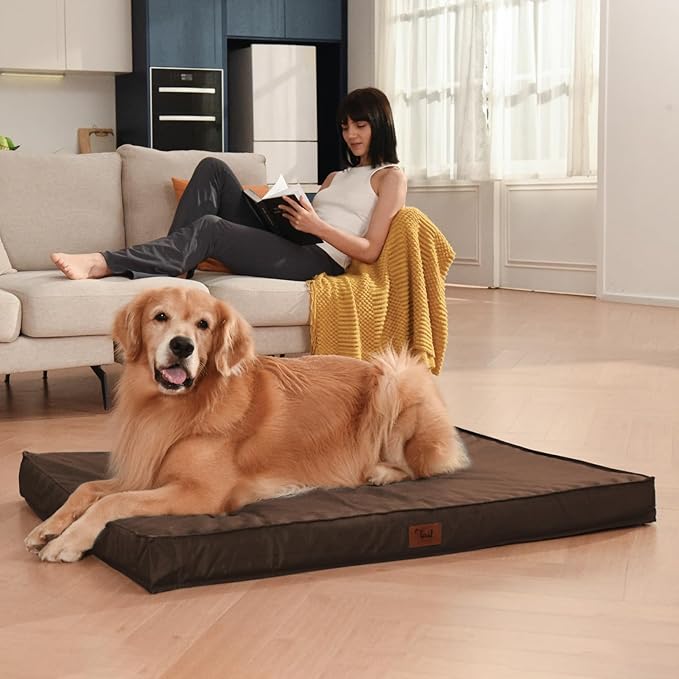 Outdoor All Weather XL Dog Bed, Waterproof Dog Bed for Extra Large Dogs, Orthopedic Egg Crate Foam Pet Bed with Removable Washable Oxford Cooling Cover, 44x32 Inch, Brown