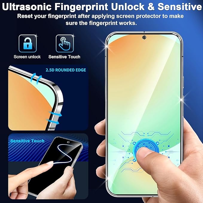 3 Pack for Samsung Galaxy S24 FE Screen Protector Tempered Glass + 3 Pack Camera Lens Protector, Military Grade Shatterproof, 9H Hardness, Fingerprint Unlock, Case Friendly 6.7 Inch