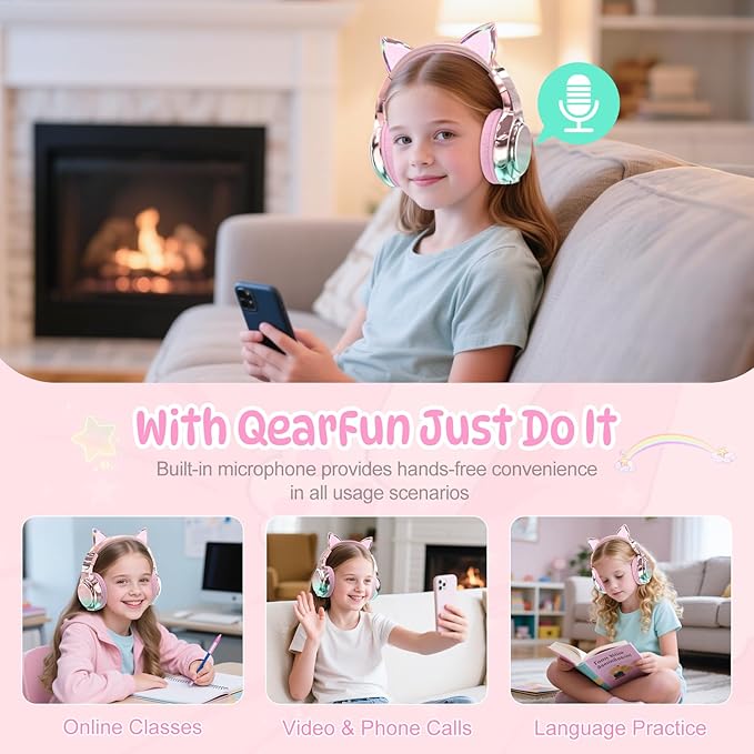 QearFun Kids Cat Ear Bluetooth Headphones, 60H Playtime, 74/85/94dB Safe Volume Limit, Metallic Gradient Wireless Headset with Mic, Fast Charging, Foldable, Wired Mode for Girls School/Tablet/Travel