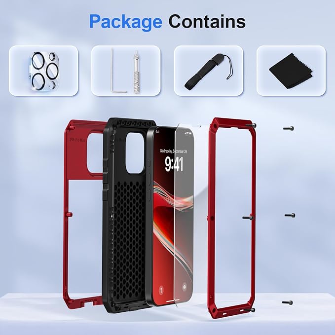 Mitywah Metal Case for iPhone 16 Pro Max, Rugged Phone Case Built-in 9H Screen Protector Military Grade Full Body Protection Heavy Duty Dual Layer Screw Bumper Protective Case iPhone 16 Pro Max Red | Aluminum Phone Case, 9H Screen Protector, Military G...
