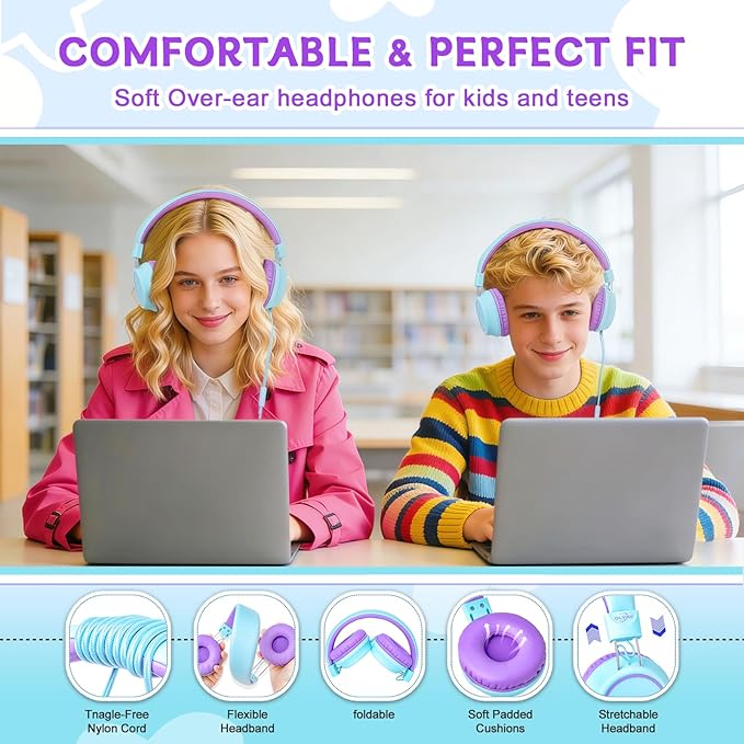 Olyre Kids Headphones, Toddler Headphones with Cord for School Plane Travel, Lightweight Stereo Wired Children Earphones with HD Microphone for Boys Girls for PC Cellphone Tablet(Icy Mint Blue/Purple)