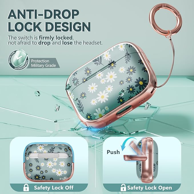 Inesore for AirPods Pro 2nd Generation Case Cover with Lock, Flowers Cute Air Pods Pro 2 Case Hard iPod Pro Cases for Women Girls with Cleaner Kit (2023 USB-C /2022/2019) - Green Daisy
