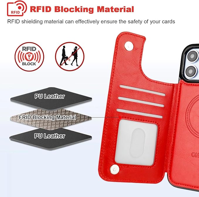 ONETOP Compatible with Magsafe for iPhone 13 Pro Max Wallet Case with Card Holder, PU Leather Kickstand RFID Blocking Case, Double Magnetic Clasp and Durable Shockproof Cover 6.7 Inch (Red)