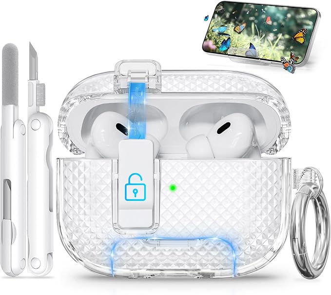 for AirPods Pro 2 Case with Phone Stand & Secure Lock, Auto-Open Clear Cover Compatible with Apple AirPods Pro 2nd/1st Gen (2023,2022,2019) with Cleaning Kit & Keychain (W-White)