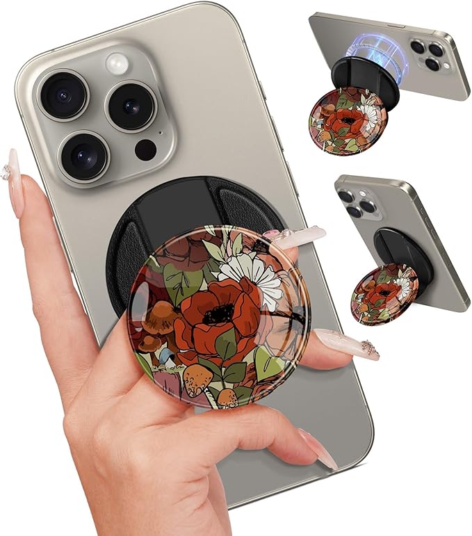 Kidcube Phone Grip Compatible with Magsafe - Magnetic Phone Grip Stand Cute Floral Finger Grip Kickstand Ring Holder Women Girls Compatible with Magsafe Accessories for iPhone 16/15/14/13/12 Series
