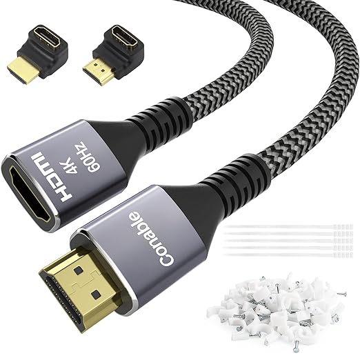 4K HDMI Extension Cable 50 Feet, HDMI 2.0 Braided Extender Male to Female Cord, Pure Copper 3D 4K@60Hz 2160p 1080p HDR HDCP 2.2 ARC (with 25 Ties, 25 U Nails, 2 HDMI Adapters)- 50FT