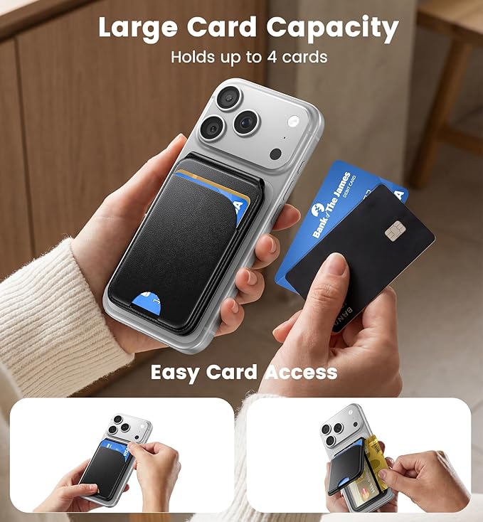 Magnetic Phone Wallet With Makeup Mirror - Mag Safe Wallet Leather RFID-Blocking Mag-Safe Card Holder for iPhone 17/16/15/14/13/12 Series, Not for iPhone 13/12 Mini (Black)