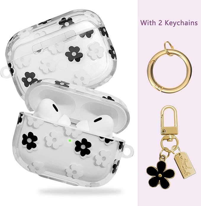Compatible with AirPods Pro 2 Case Cover 2022, Soft TPU with Cute Flower Pattern for AirPods Pro 2nd/1st Generation Case with Flower Keychain and Carabiner for Girls Women (Black)