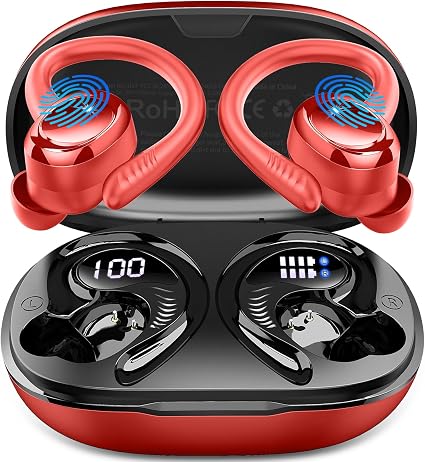 Hupoaf Wireless Earbuds Sport, NEW Bluetooth 5.4 Headphones with Earhooks, 50H Stereo Deep Bass Over Ear Buds with 4 ENC Noise Canceling Mics, IP7 Waterproof Earphones for Running Workout Gym -Red
