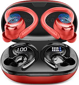 Hupoaf Wireless Earbuds Sport, NEW Bluetooth 5.4 Headphones with Earhooks, 50H Stereo Deep Bass Over Ear Buds with 4 ENC Noise Canceling Mics, IP7 Waterproof Earphones for Running Workout Gym -Red