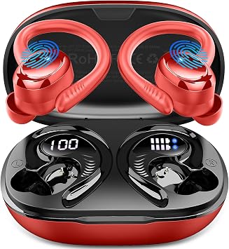 Hupoaf Wireless Earbuds Sport, NEW Bluetooth 5.4 Headphones with Earhooks, 50H Stereo Deep Bass Over Ear Buds with 4 ENC Noise Canceling Mics, IP7 Waterproof Earphones for Running Workout Gym -Red