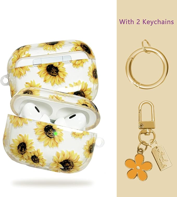 Compatible with AirPods Pro 2 Case Cover 2022, Soft TPU with Cute Flower Pattern for AirPods Pro 2nd/1st Generation Case with Flower Keychain and Carabiner for Girls Women (Yellow)