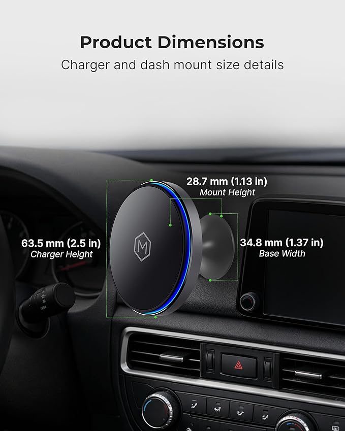 Mag Switch Qi2 Wireless Car Charger Small Dash Mount, 15W Fast Charger with Built in on/off Switch for smarter charging, Strong N52 Magnets, Compatible with iPhone 14/15/16/17, Iphone Air