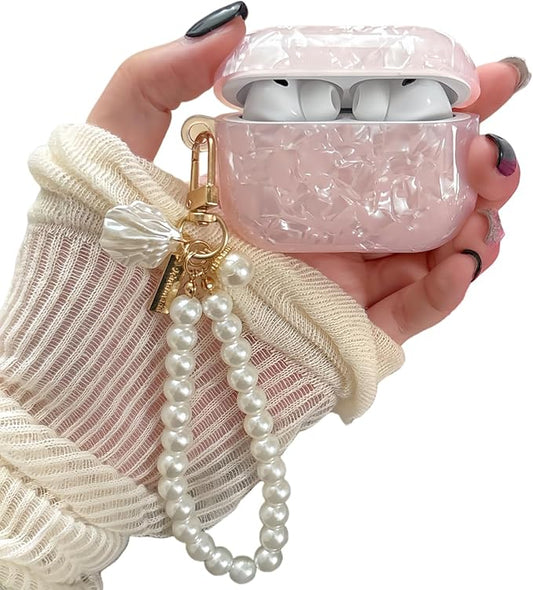 Cute Case for Airpods Pro 3 (2025), Bling Shell Pattern Soft TPU Protective Cover with Luxury Pearl Shell Keychain for Apple Airpods Pro 3 Charging Case, Pink