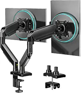 Dual Monitor Stand, Adjustable Monitor Desk Mount for 17″–32″ Computer Screens, Full Motion VESA 75x75/100x100 with C-Clamp & Grommet Aluminum Base, Each Arm Holds 4.4 to 20 lbs AX09DB201