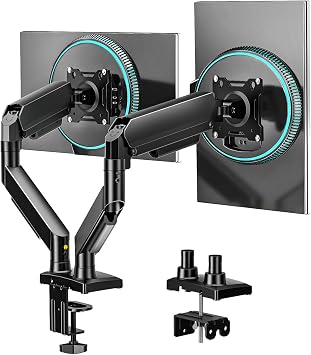 Dual Monitor Stand, Adjustable Monitor Desk Mount for 17″–32″ Computer Screens, Full Motion VESA 75x75/100x100 with C-Clamp & Grommet Aluminum Base, Each Arm Holds 4.4 to 20 lbs AX09DB201