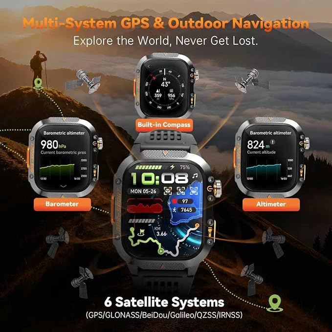 Military Smart Watches for Men, 1.7" Hd Fitness Tracker Ith Multiple Sports Modes, 600mah Battery for Android iOS, Ip68 Waterproof/Spo2 Monitor/Flashlight/Message Alerts (Square Black)