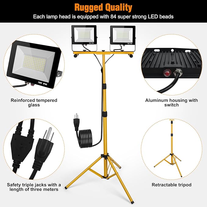 LED Work Lights with Stand, 21000 Lumen, 2-Head Adjustable Work Light, Waterproof Foldable Tripod, 6,500 Kelvin, Extended Cord for Outdoor & Indoor Job Sites, Workshops, Construction, Garage Lighting