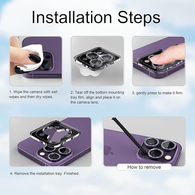 Misea [3+1] for iPhone 14 Pro/iPhone 14 Pro Max Camera Lens Protector Bling, 9H Tempered Glass Camera Cover Screen Protector Metal Individual Ring Protector Decoration Accessories, Purple Glitter