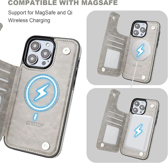 ONETOP Compatible with Magsafe for iPhone 13 Pro Max Wallet Case with Card Holder, PU Leather Kickstand RFID Blocking Case, Double Magnetic Clasp and Durable Shockproof Cover 6.7 Inch (Grey)