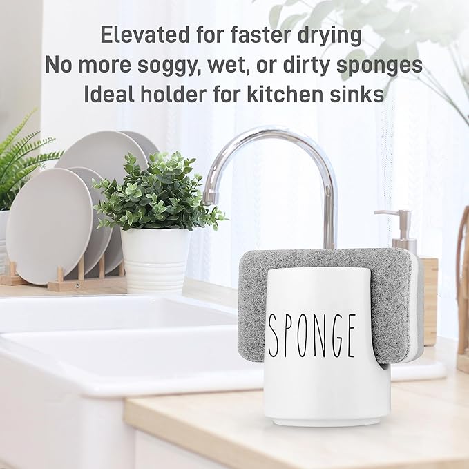 Ceramic Sponge Holder for Kitchen Sink – White Sink Caddy Organizer – Farmhouse Kitchen Sponge Holder – Cute Ceramic Sponge Rest for Countertop