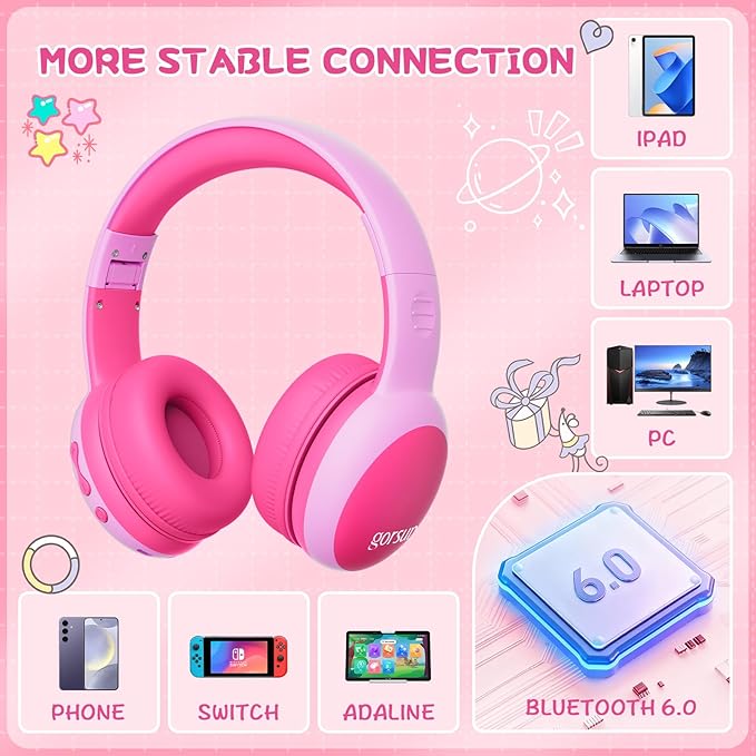 gorsun Kids Bluetooth Headphones, Over-Ear Toddler Headphones with Microphone, 85dB/94dB Volume Limited, 68H Playtime, Bluetooth 6.0, Portable Kids Wireless Headset with Cat Ears (Pink)