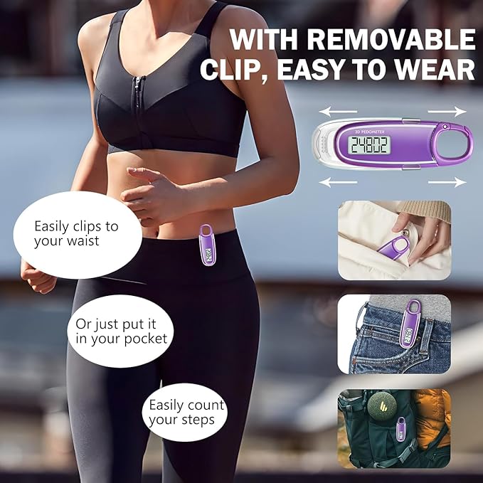 3D Pedometer for Walking with Removable Clip and Carabiner Simple Step Counter for Walking Accurate Clip On Step Tracker for Men Women Kids