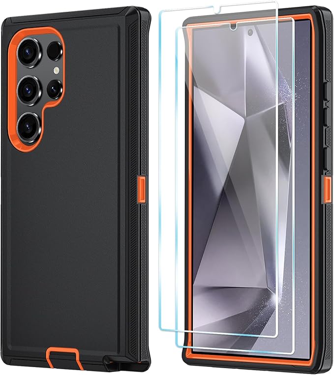 ONOLA Compatible with Samsung Galaxy S24 Ultra Case with HD Screen Protector, Heavy Duty Shockproof & Dropproof 3-Layer Cover Phone Case,BlackOrange