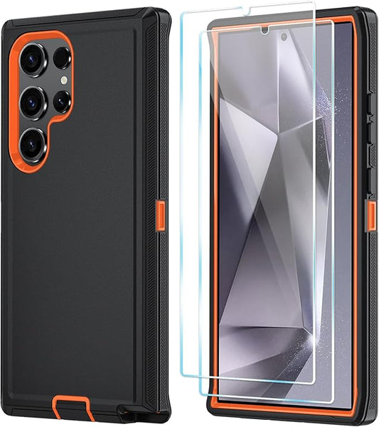 ONOLA Compatible with Samsung Galaxy S24 Ultra Case with HD Screen Protector, Heavy Duty Shockproof & Dropproof 3-Layer Cover Phone Case,BlackOrange