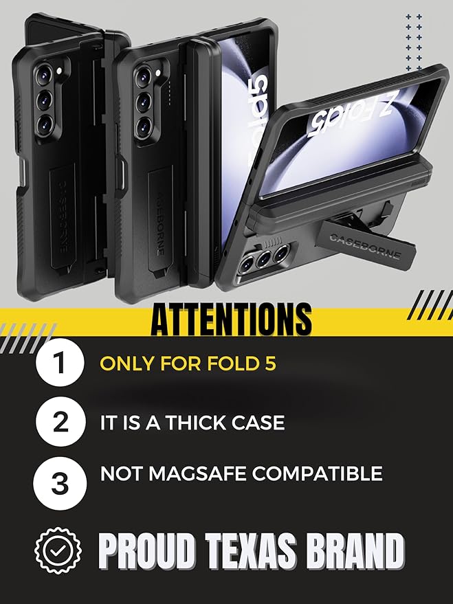 CaseBorne V Compatible with Samsung Galaxy Z Fold 5 Case - Full Body with Hinge Protection Cover, [Tempered Glass Screen Protector], Kickstand and S Pen Holder, [Recycled Materials] Black
