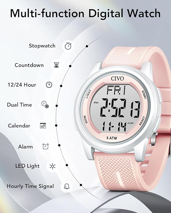 CIVO Digital Watches for Men Women: Sports Waterproof Wristwatch with Stopwatch Alarm Date - LED Backlight Big Numbers Silicone Watch for Outdoor Camping Running Cycling