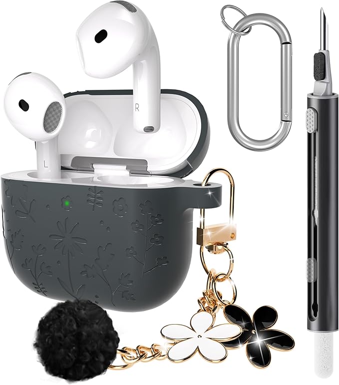 Seltureone Compatible with AirPods 4 Case Cute with Cherry Blossom Keychain and Cleaning Kit, Soft Silicone Shockproof Flower Engraved Cover Compatible with AirPod 4 Case Cover - Dark Gray