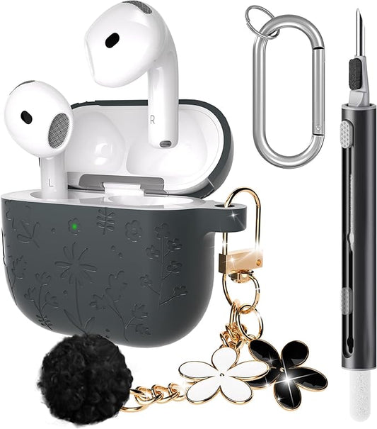 Seltureone Compatible with AirPods 4 Case Cute with Cherry Blossom Keychain and Cleaning Kit, Soft Silicone Shockproof Flower Engraved Cover Compatible with AirPod 4 Case Cover - Dark Gray