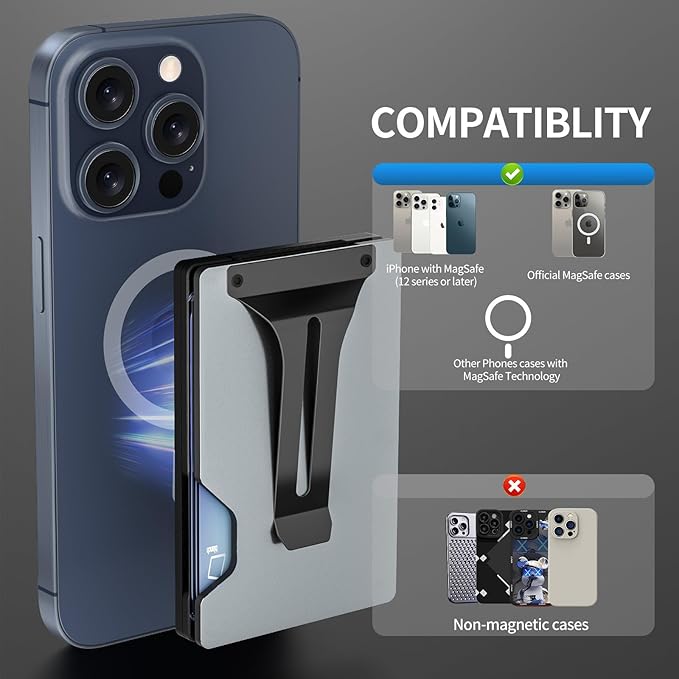 Magnetic Phone Wallet with Apple MagSafe - Metal Card Holder with AirTag Holder, RFID Blocking & Money Clip Mag Safe Wallet for iPhone 16 15 14 13 12 Pro Max/Pro/Plus/Mini