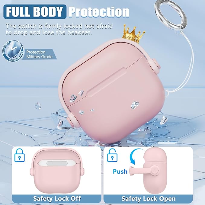 with Safety Lock for Airpods 4 Case, TPU Case for Apple Airpods 4 Case 2024 USB-C with Cleaner Kit, Drop Protection Airpods 4 Case Cover with Lock and Keychain, Cherry Blossom Pink