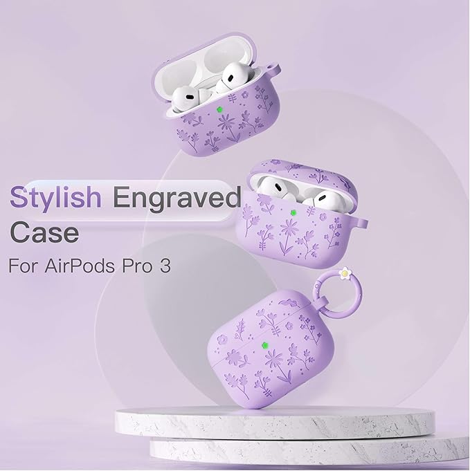 for AirPods Pro 3 Case (2025) DamonLight Floral Engraved Shockproof Protective Soft Silicone Case Cover with Cleaning Pen and Floral Keychain for Apple Airpods Pro 3rd Generation (Purple)