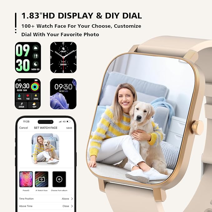 Smart Watch for Men Women SmartWatch 1.83" for iPhone Samsung Android Phone Compatible, Fitness Tracker Watch with Pedometer, Heart Rate/Sleep Monitor, Blood Oxygen, IP68 Waterproof (Gold)