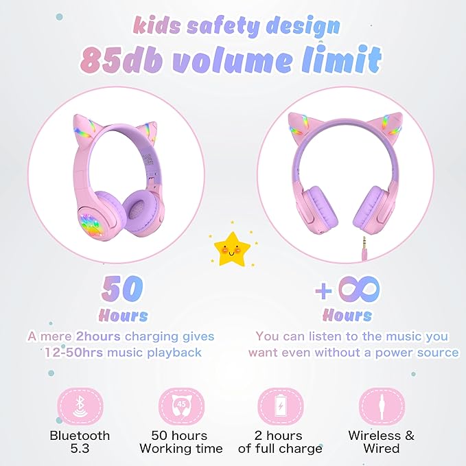 Riwbox CF9 Cat Ear Kids Bluetooth Headphones with LED Light Up,Safe 85dB Volume Limit,Built-in Mic&Boom Mic for Calls,Kids Wireless&Wired Headphones for Tablet/Airplane/School/Online Learning (Purple)