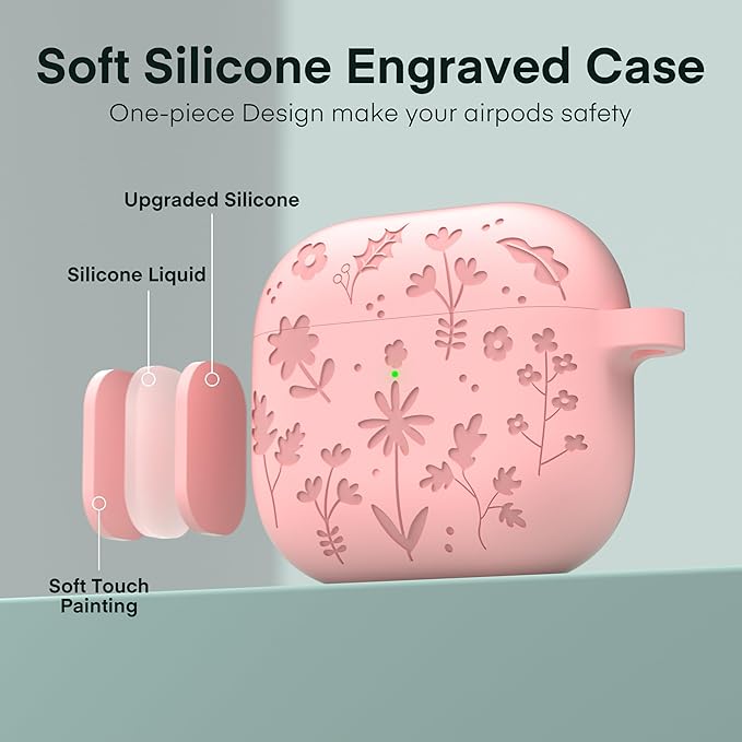 Maxjoy for AirPods 4 Case, Engraved Silicone Cute AirPod 4 Case for Women Men Protective iPod 4 Cover with Keychain Cleaning Kit for AirPod 4th Generation Cover 2024, Pink