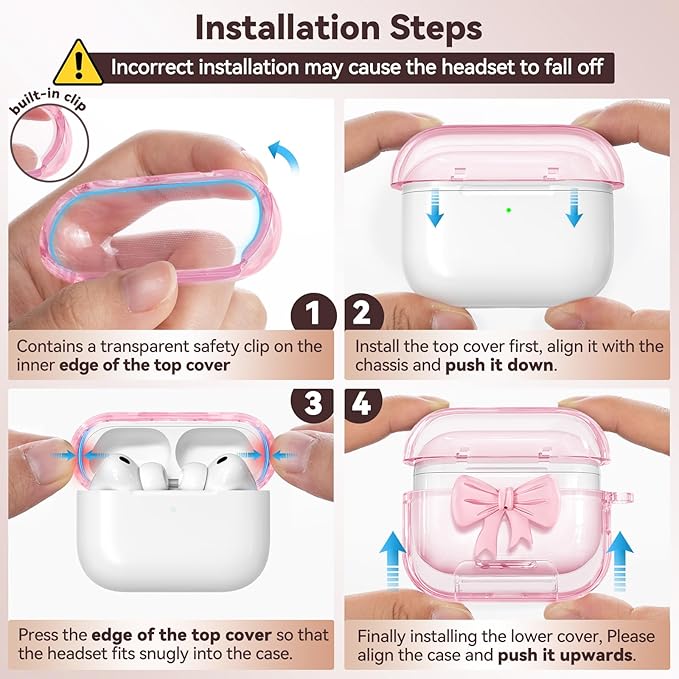 for AirPods Pro 3 Case 2025, with Safety Lock & Phone Stand for AirPods Pro 3 Generation Case Cover for Women Girly,Clear Pink Bow Butterfly iPods Pro 3 Case with Keychain, Pink