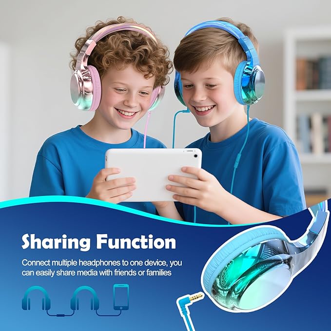 QearFun Kids Headphones Wired with Mic, 85/94dB Safe Volume Limit, Foldable Over Ear, Tangle-Free Cord & Sharing Port, Wired On-Ear Headset for School, Chromebook, Tablet, Travel - Boys & Girls