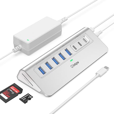 Powered USB Hub 10Gbps, intpw YH6AC Plus 10-Port USB 3.2 Hub (USB A/USB C 3.2+3 USB-A 3.0+2 PD 45W Fast Charging Ports+SD/TF Card Reader), 65W Power Adapter,Aluminum USB HUB for PC,Laptop,iPhone 17/16