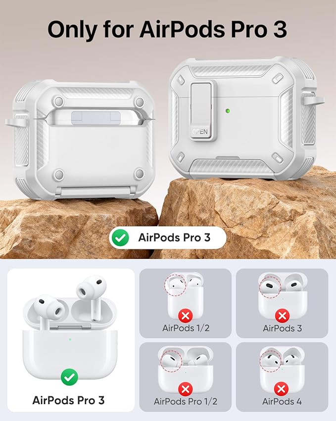 MoKo for AirPods Pro 3 Case with Lock 2025 - Compatible with MagSafe, Phone Stand & Auto Pop-up for AirPods Pro 3rd Generation Case, Military-Grade Protective Cover with Cleaner Kit, White