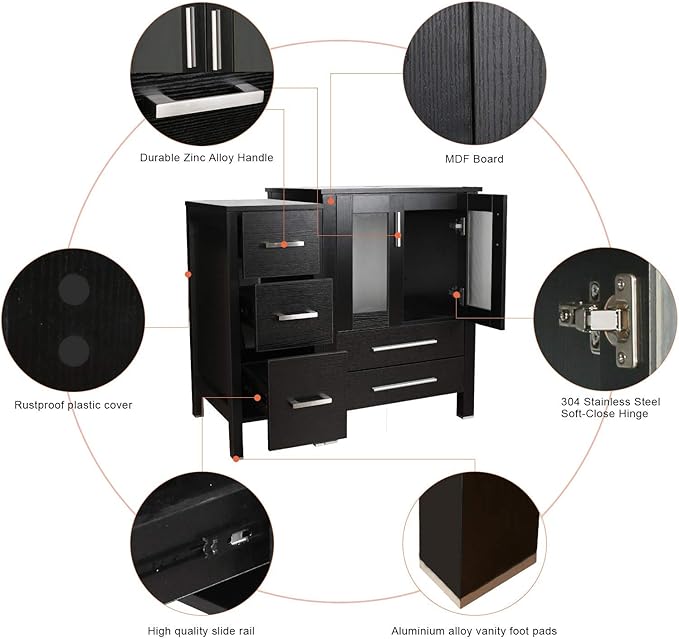 eclife 36" Modern Bathroom Vanity Sink Combo Freestanding Cabinet with Small Side Cabinet, White Rectangle Ceramic Vessel Sink, Water Save Faucet, Drain (Black+T03)