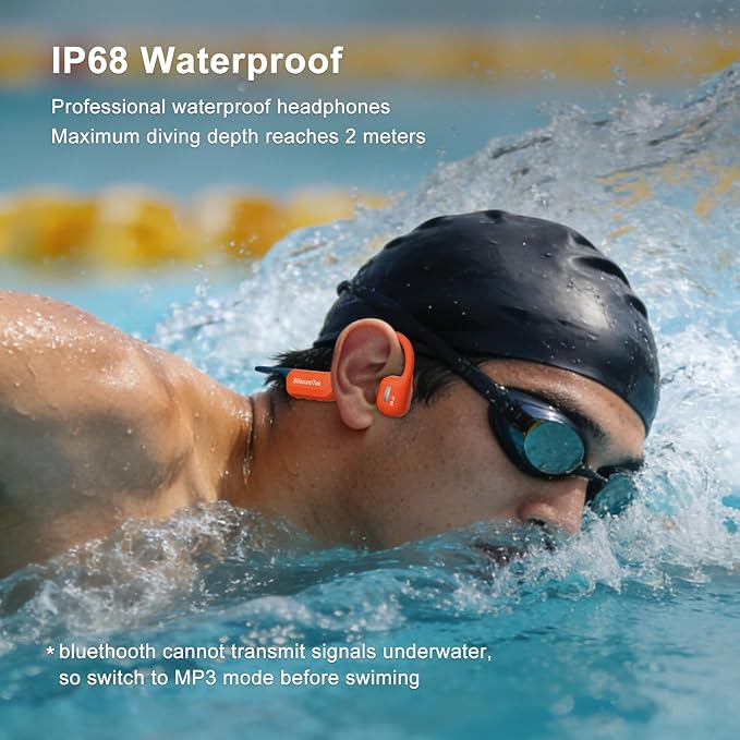 6.0 Bluetooth Swimming Headphones, IP68 Waterproof Bone Conduction Headphones, Liquid Silicone Wireless Open Ear Headphones, Built-in 32GB MP3 Player Underwater Headphone for Running(Orange-gray)