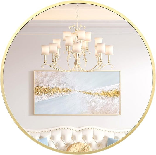 24 in Round Mirror for Wall, Gold Metal Frame Circle Mirror, Round Bathroom Mirror for Wall Decor, Mirror for Entryway, Vanity, Bedroom, Easy to Install